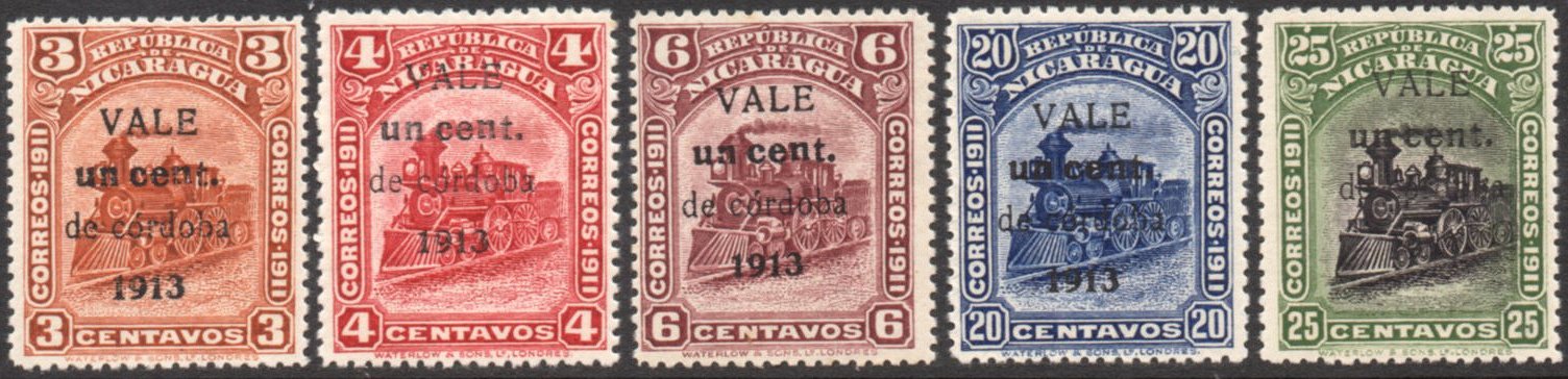 Nicaragua stamps 1913 surcharages Locomotive un cent value